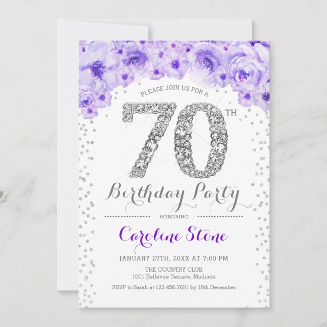 70th Birthday Party - White Silver Purple Invitation (Front)