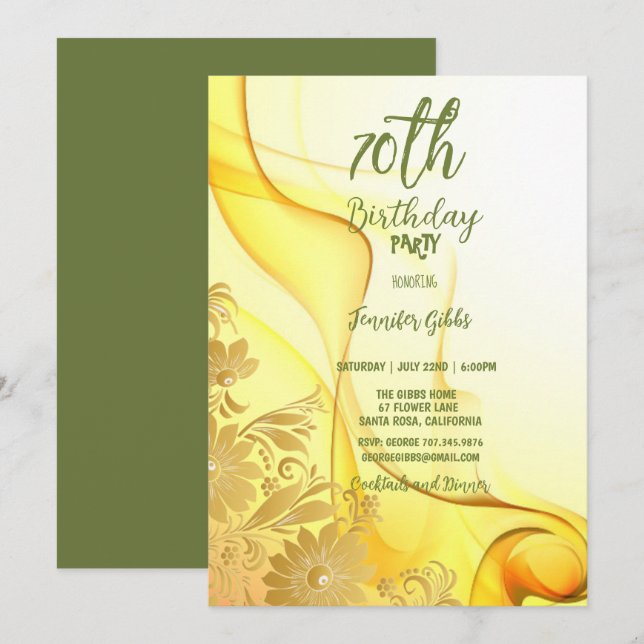70th Birthday Party Yellow Flowers & Swirls  Invitation (Front/Back)