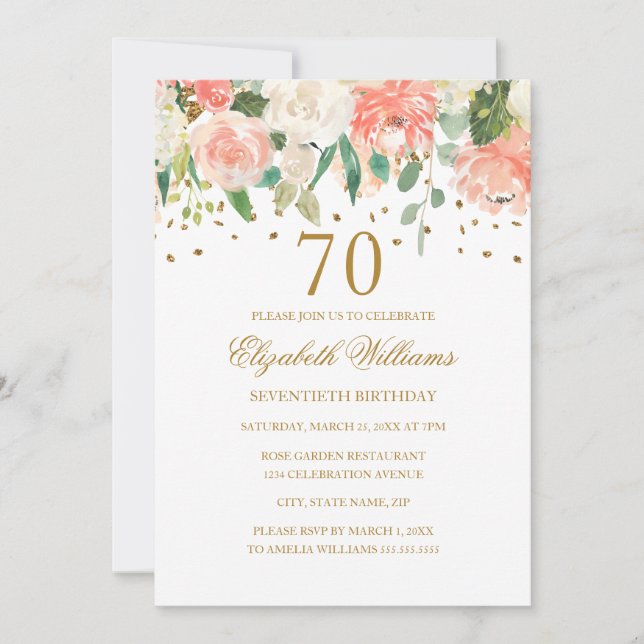 70th Birthday Peach Gold Floral Invitation (Front)