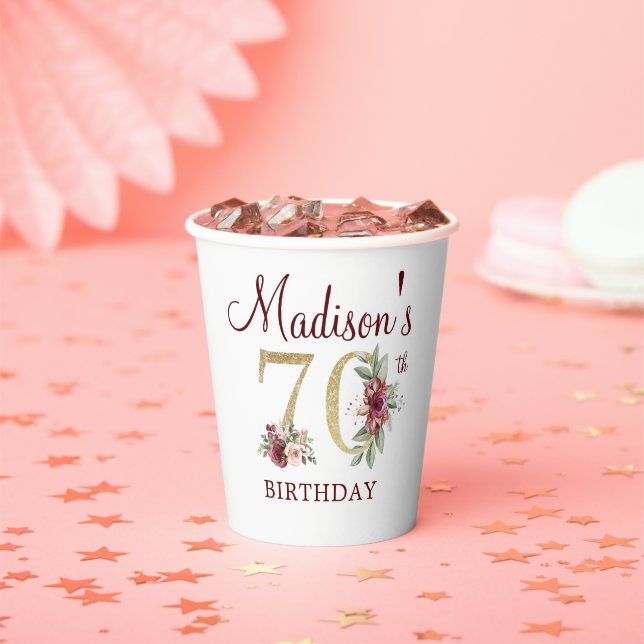 70th Birthday Personalised Burgundy Gold Floral Paper Cups (Insitu)