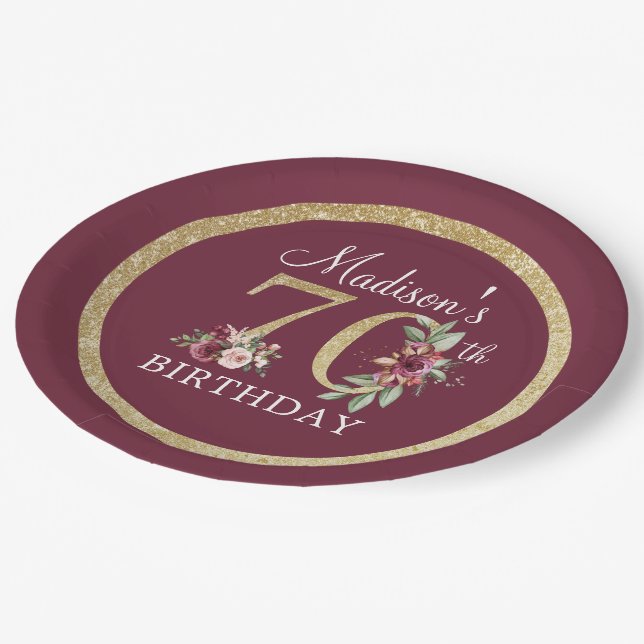 70th Birthday Personalised Burgundy Gold Paper Plate (Angled)