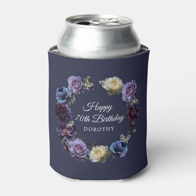 70th Birthday Personalised Moody Purple Flower Can Can Cooler (Can Front)