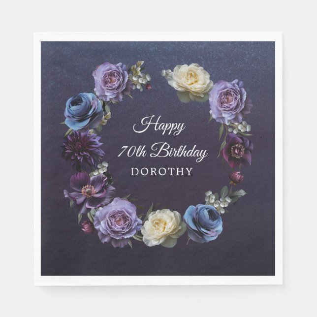 70th Birthday Personalised Moody Purple Flower Napkin (Front)
