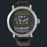 70th Birthday Personalized Born 1956 Vintage Black Watch<br><div class="desc">Celebrate a momentous 70th Birthday with this unique, personalized watch. Featuring the prominent year '1956', it’s a perfect vintage milestone gift for anyone turning 70. This custom timepiece can be personalized with a name and a special message It is an ideal present for a father, mother, husband, wife, grandpa, or...</div>