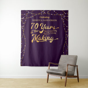 70th Birthday Photo Backdrop Purple and Gold Tapestry