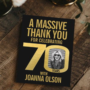 70th birthday photo black and gold  thank you card