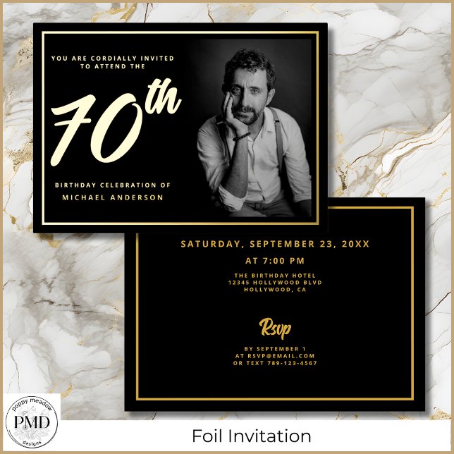70th Birthday Photo Black Gold Elegant  (70th Birthday Black and Gold Photo Invitation with Gold Foil, Party Details on the Back.)