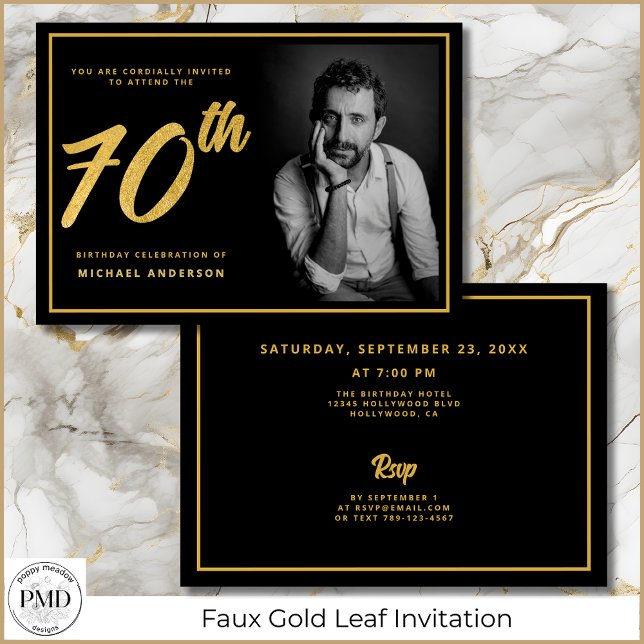 70th Birthday Photo Black Gold Elegant  Invitation (70th Birthday Black and Gold Photo Invitation with Faux Gold Leaf, Party Details on the Back.)