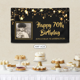 70th Birthday Photo Black Gold Stars Personalised Banner