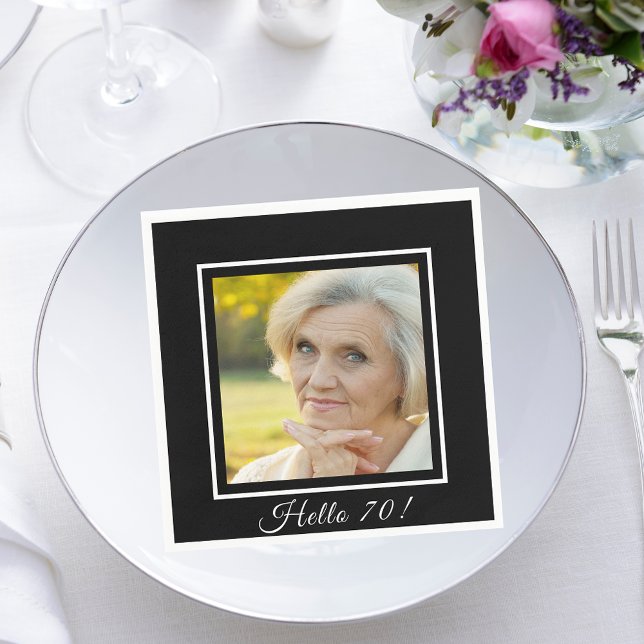 70th birthday photo black white napkin (Creator Uploaded)