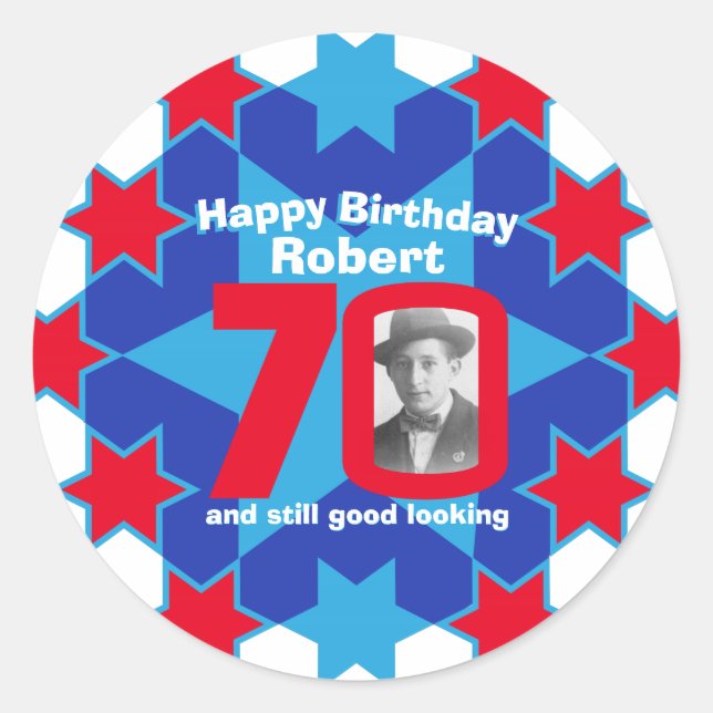 70th birthday photo blue white red star classic round sticker (Front)