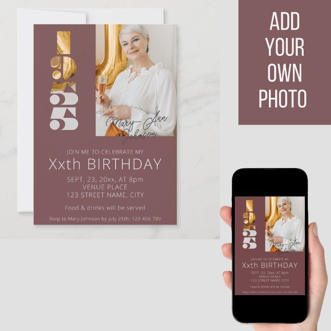 70th birthday photo born in 1955 burgundy  invitation (Creator Uploaded)