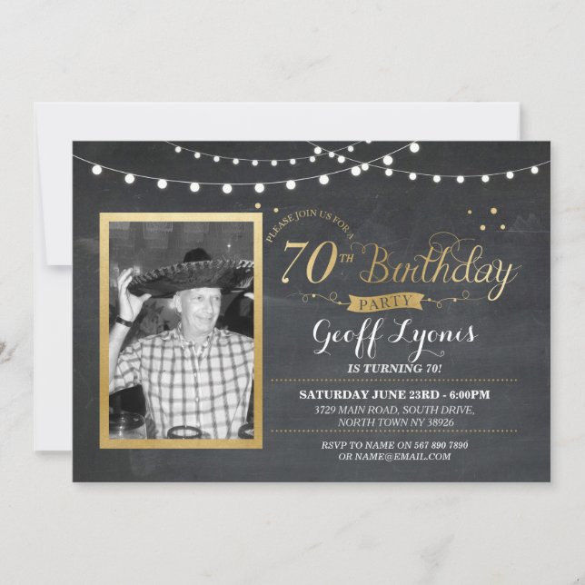 70th Birthday Photo Chalk Rustic Gold Invitation (Front)