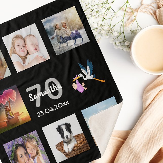 70th birthday photo collage black sherpa blanket (Creator Uploaded)