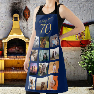 70th Birthday Photo Collage Blue Gold Apron