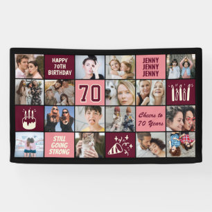 70th Birthday Photo Collage Custom Black Burgundy Banner