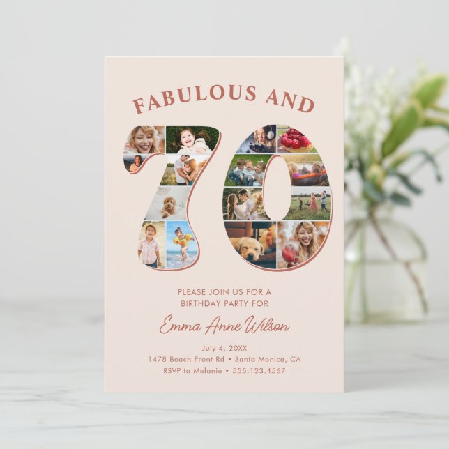 70th Birthday Photo Collage Elegant and Timeless Invitation (Standing Front)