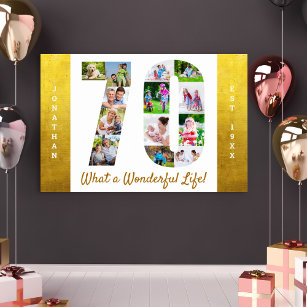 70th Birthday Photo Collage with Gold Borders Poster
