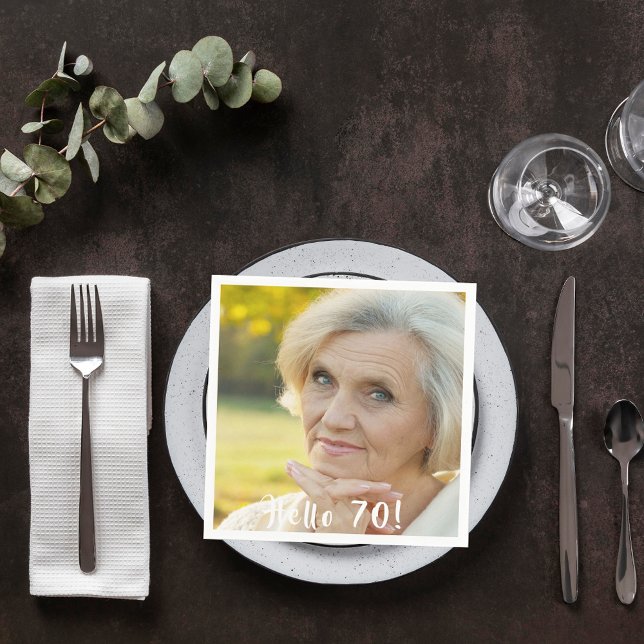 70th birthday photo hello 70 woman napkin (Creator Uploaded)