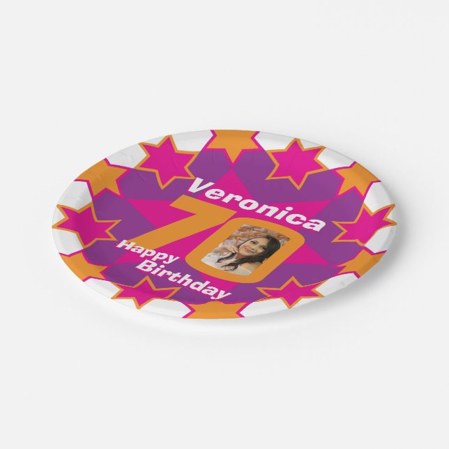 70th birthday photo name pink star paper plate (Angled)