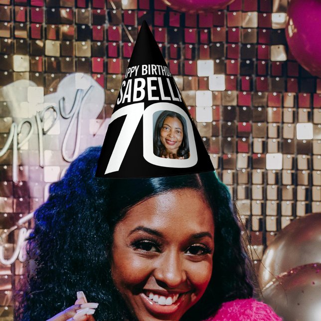 70th birthday photo personalised white black party hat (Creator Uploaded)