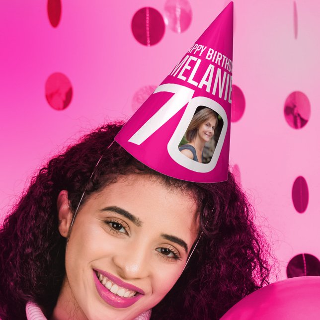 70th birthday photo personalised white hot pink party hat (Creator Uploaded)