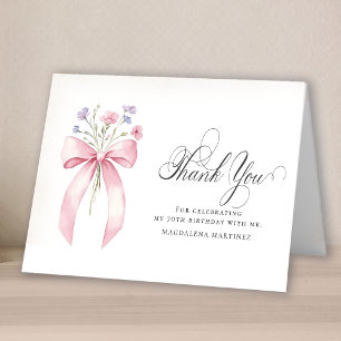 70th Birthday Photo Pink Bow Wildflower Folded Thank You Card