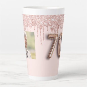 70th birthday photo rose gold glitter pink balloon latte mug