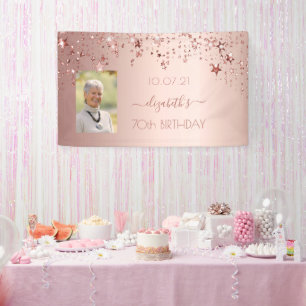 70th birthday photo rose gold pink glittery stars banner