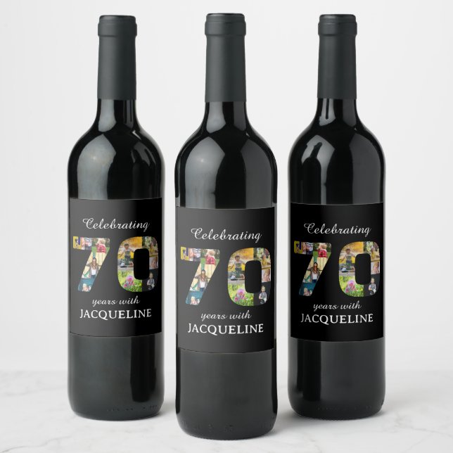 70th Birthday Photo Template Black Wine Label (Bottles)