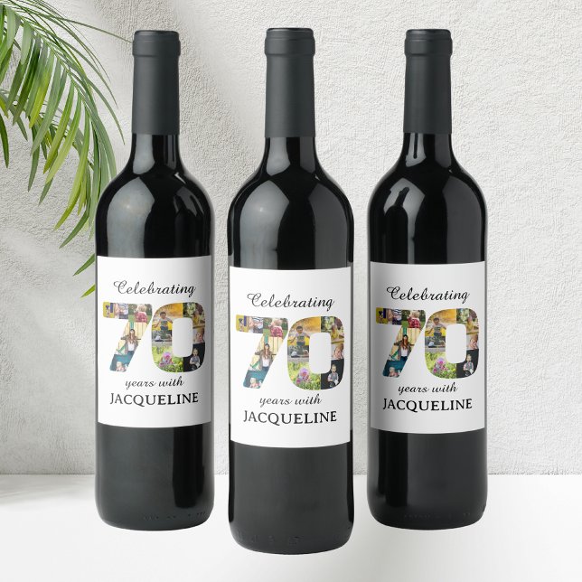 70th Birthday Photo Template Invitation Wine Label (70th birthday personalized wine bottle labels with family photo collage template.)