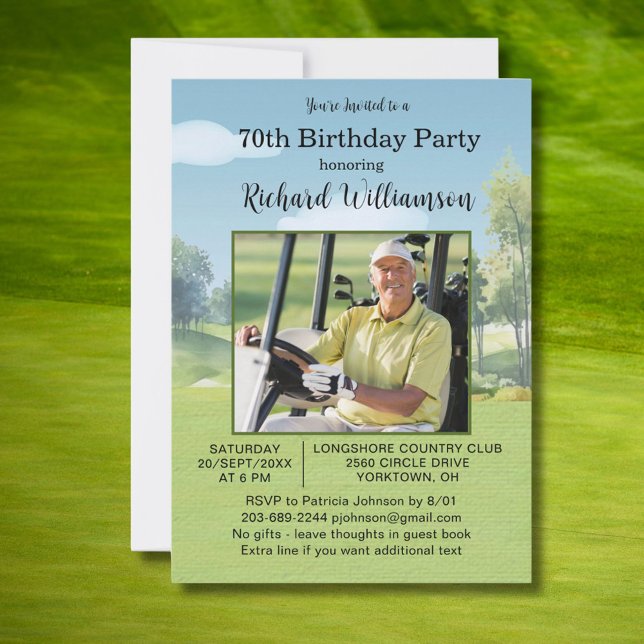 70th Birthday Photo Watercolor Golf Theme Invitation (Creator Uploaded)