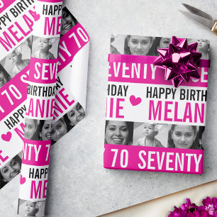 70th birthday photos pink black white stripe wrapping paper