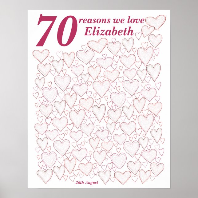 70th Birthday - Pink 70 Reasons We Love You Gift Poster (Front)