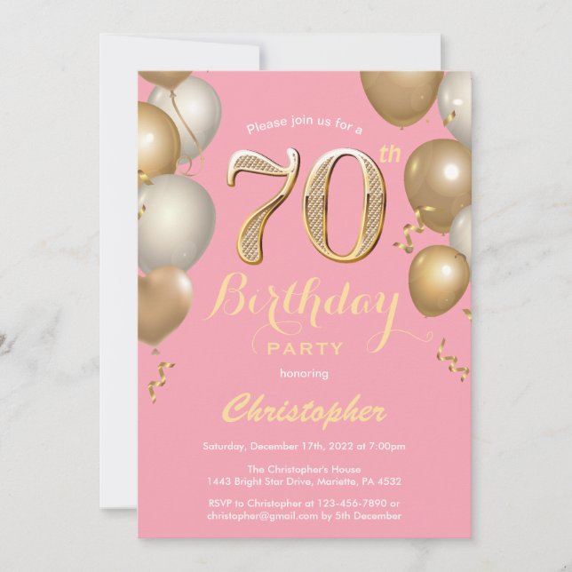 70th Birthday Pink and Gold Balloons Confetti Invitation (Front)