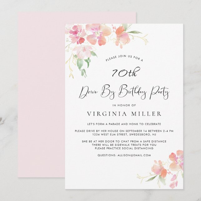 70th Birthday Pink and Gold Floral Drive By Party Invitation (Front/Back)