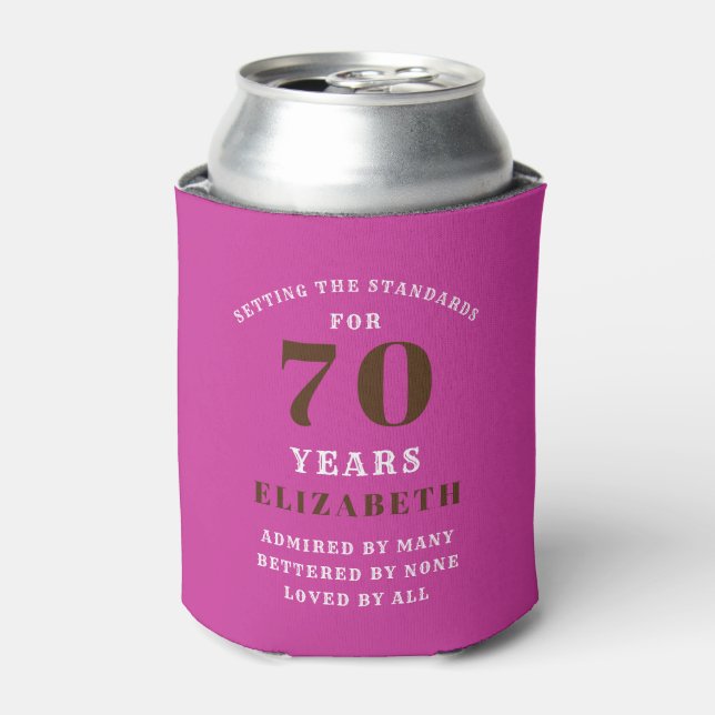 70th Birthday Pink black white Add Your Name Can Cooler (Can Front)