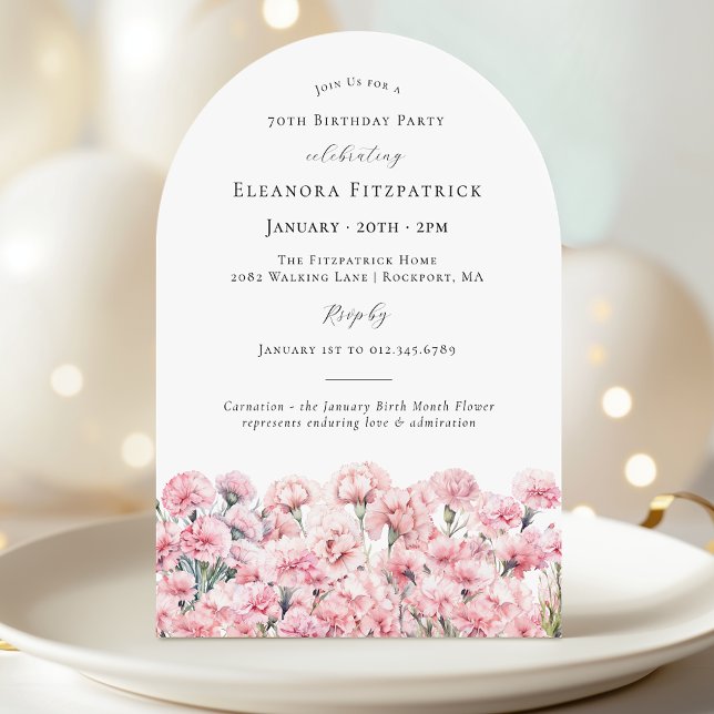 70th Birthday Pink Carnation January Birth Flower Invitation (Creator Uploaded)