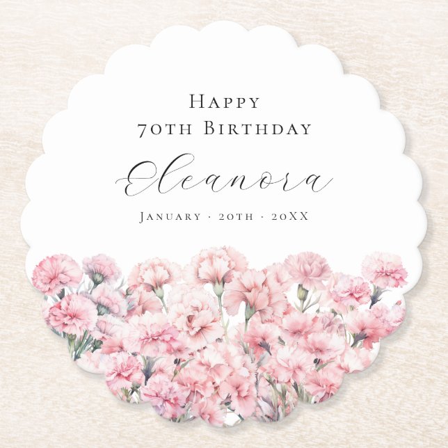 70th Birthday Pink Carnation January Birth Flower Paper Coaster (Front)