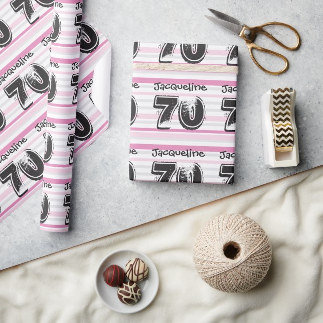70th birthday pink Customise Name Wrapping Paper (Crafts)