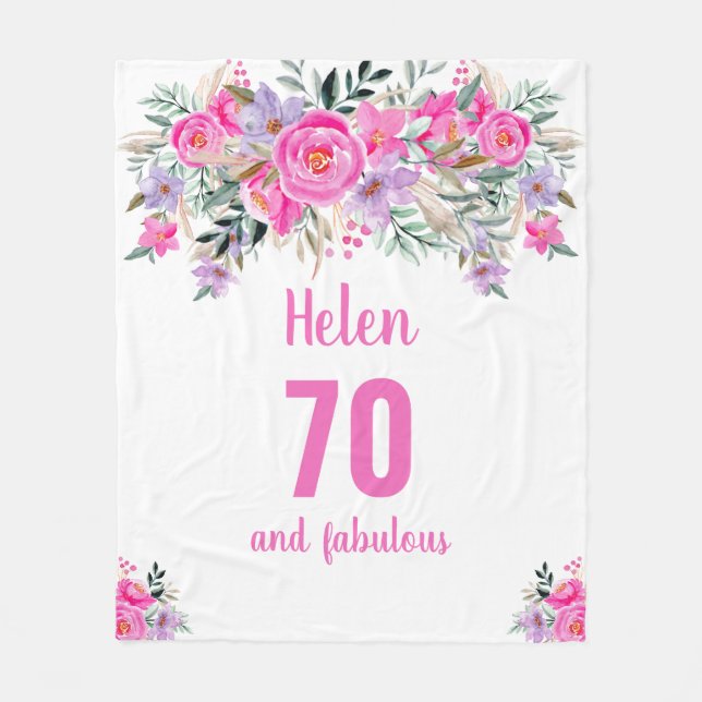 70th birthday pink floral  fleece blanket (Front)
