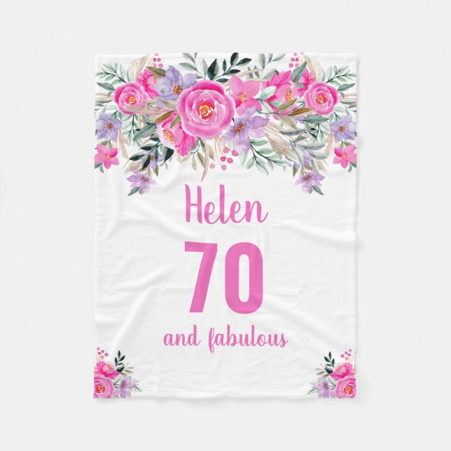 70th birthday pink floral  fleece blanket (Front)