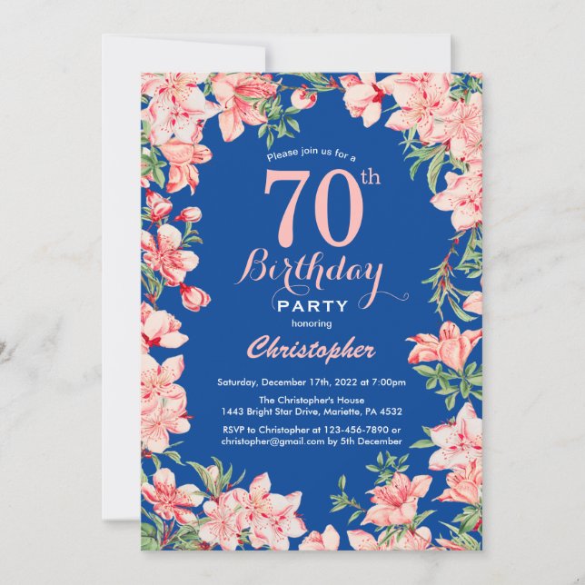 70th Birthday Pink Floral Flowers Blue Invitation (Front)