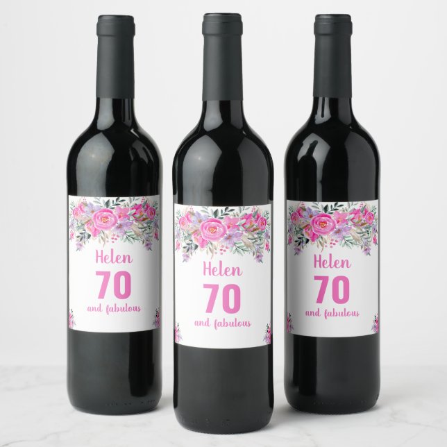 70th birthday pink floral wine label (Bottles)