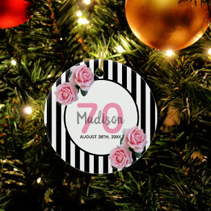 70th birthday pink florals black stripes name ceramic tree decoration
