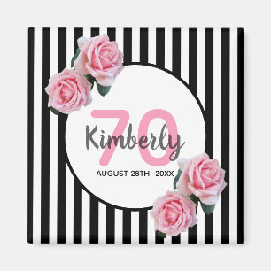 70th birthday pink florals black stripes name magnet