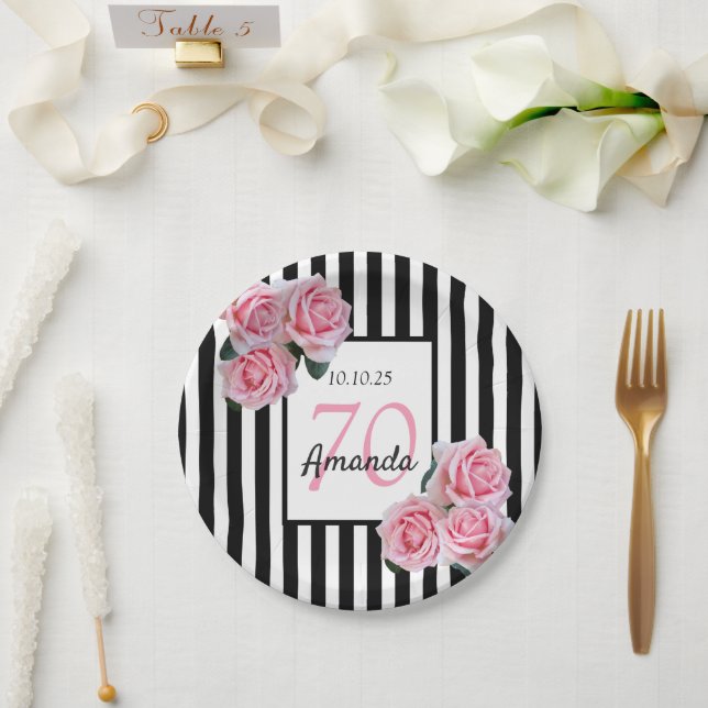 70th birthday pink florals black white stripes paper plate (Wedding)