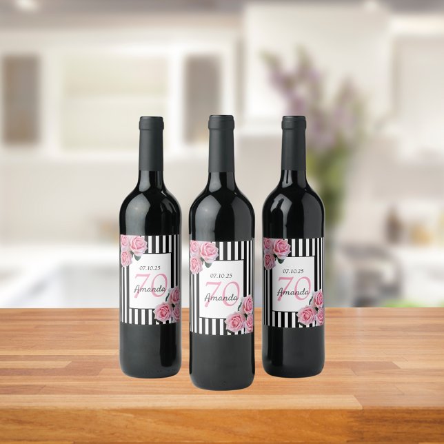 70th birthday pink florals on black white stripes wine label (Creator Uploaded)