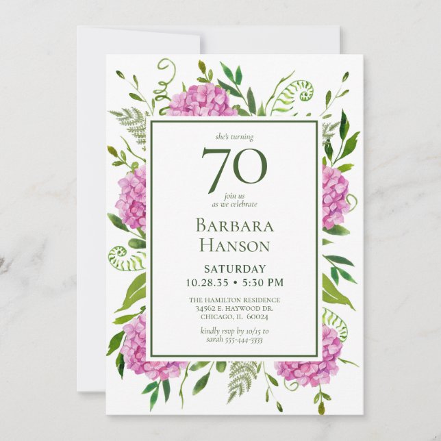 70th Birthday Pink Hydrangeas Card Request  (Front)
