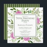 70th Birthday Pink Hydrangeas Invitation<br><div class="desc">This pink hydrangea 70th birthday brunch/party invitation is whimsical and stunning! With its watercolor multi-hued pink hydrangeas, wispy natural greenery, and coordinating green striped back it is perfect for any woman you love. By selecting Personalise this template and typing in your information you can see your gorgeous invitations in seconds!...</div>